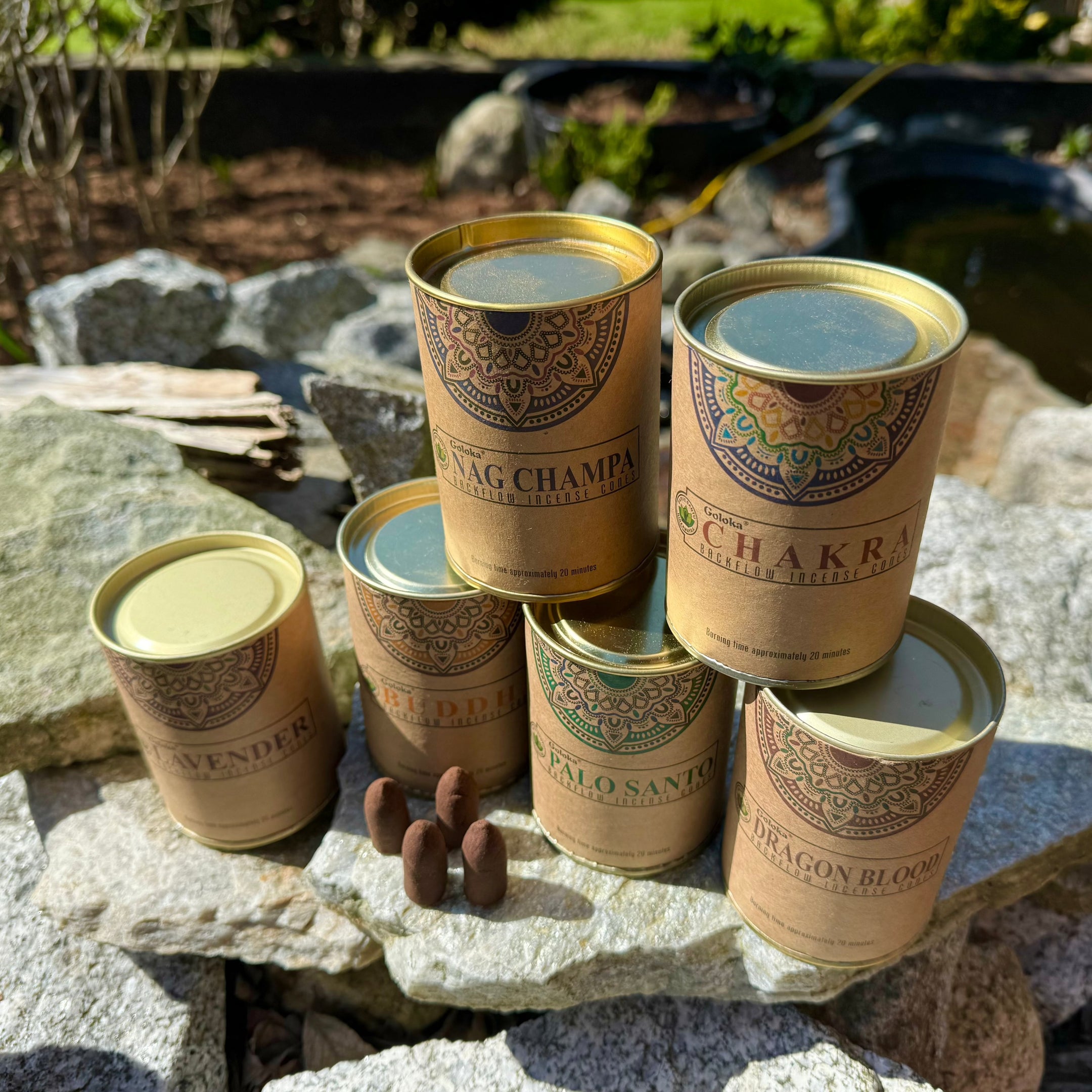 Goloka Backflow Incense Cones Can of 24 - Choose from 6 Scents for Aromatherapy and Meditation - The Celestial Boutique