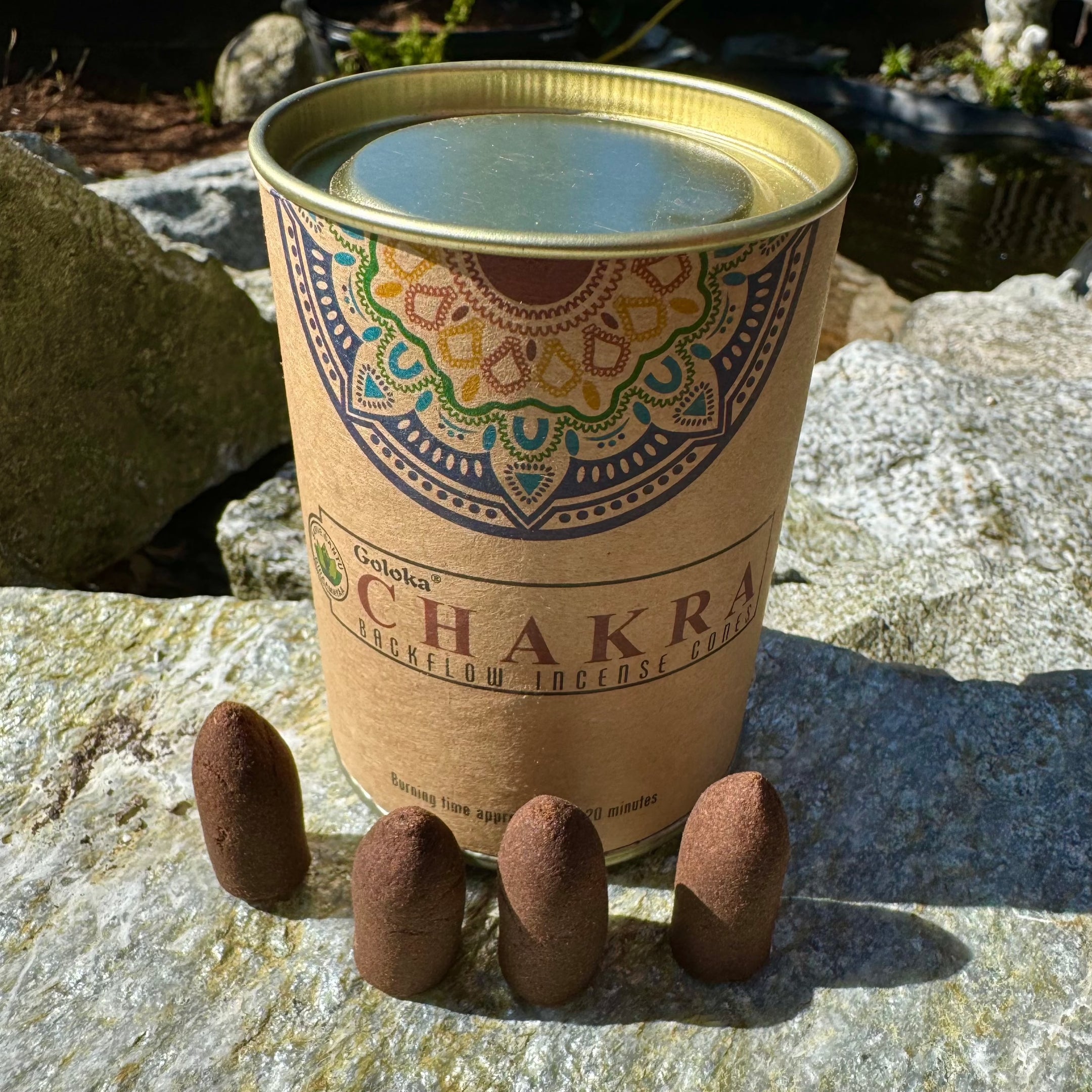 Goloka Backflow Incense Cones Can of 24 - Choose from 6 Scents for Aromatherapy and Meditation - The Celestial Boutique