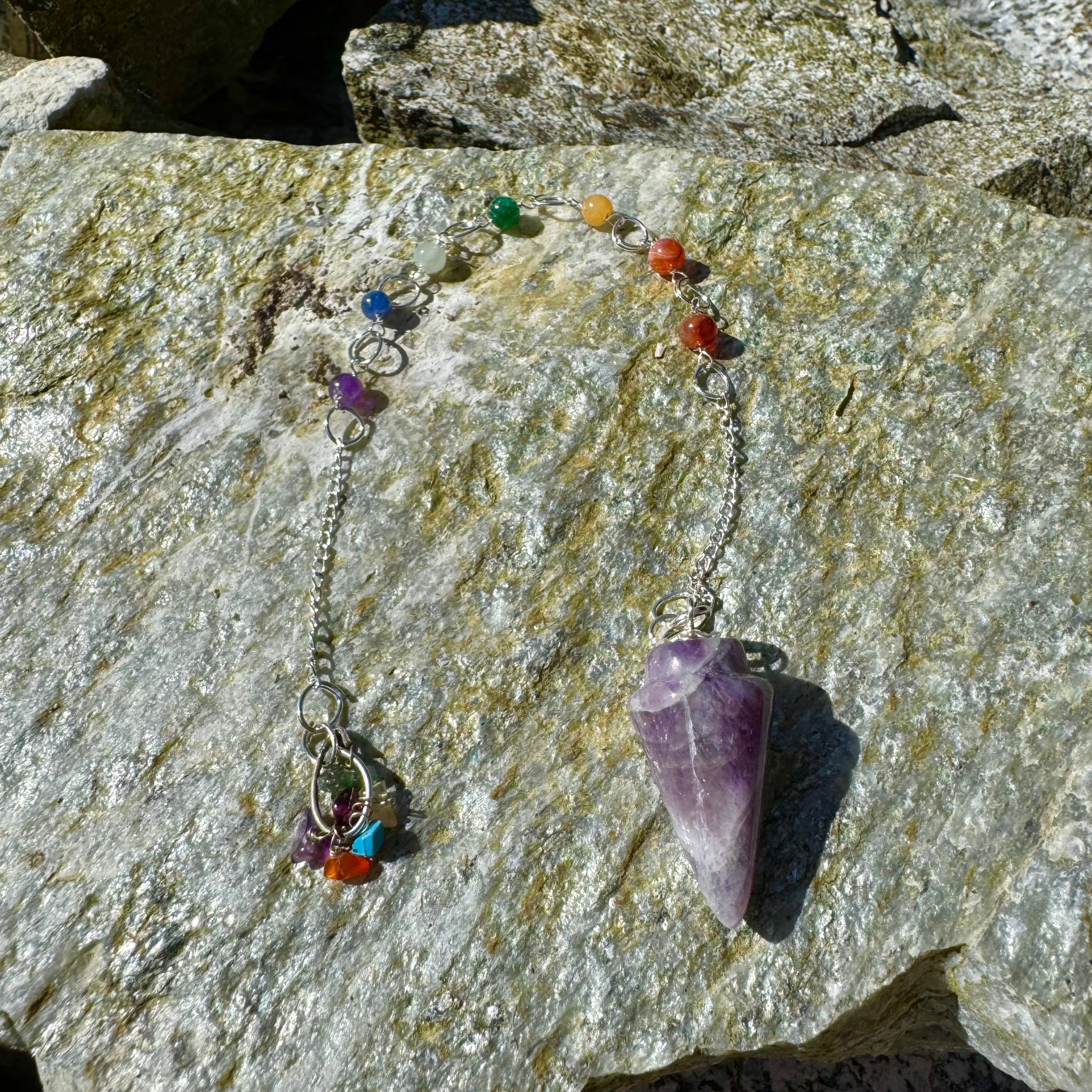 Amethyst Chakra Pendulum with Matching Chakra Stones on Chain for Healing and Divination, Reiki Crystal Pendulum for Energy Balancing - The Celestial Boutique