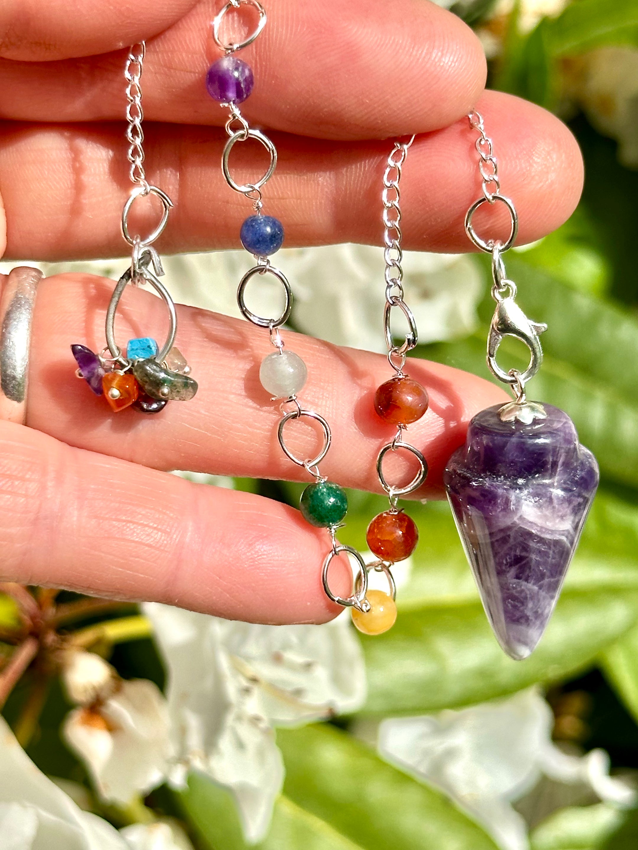 Amethyst Chakra Pendulum with Matching Chakra Stones on Chain for Healing and Divination, Reiki Crystal Pendulum for Energy Balancing - The Celestial Boutique