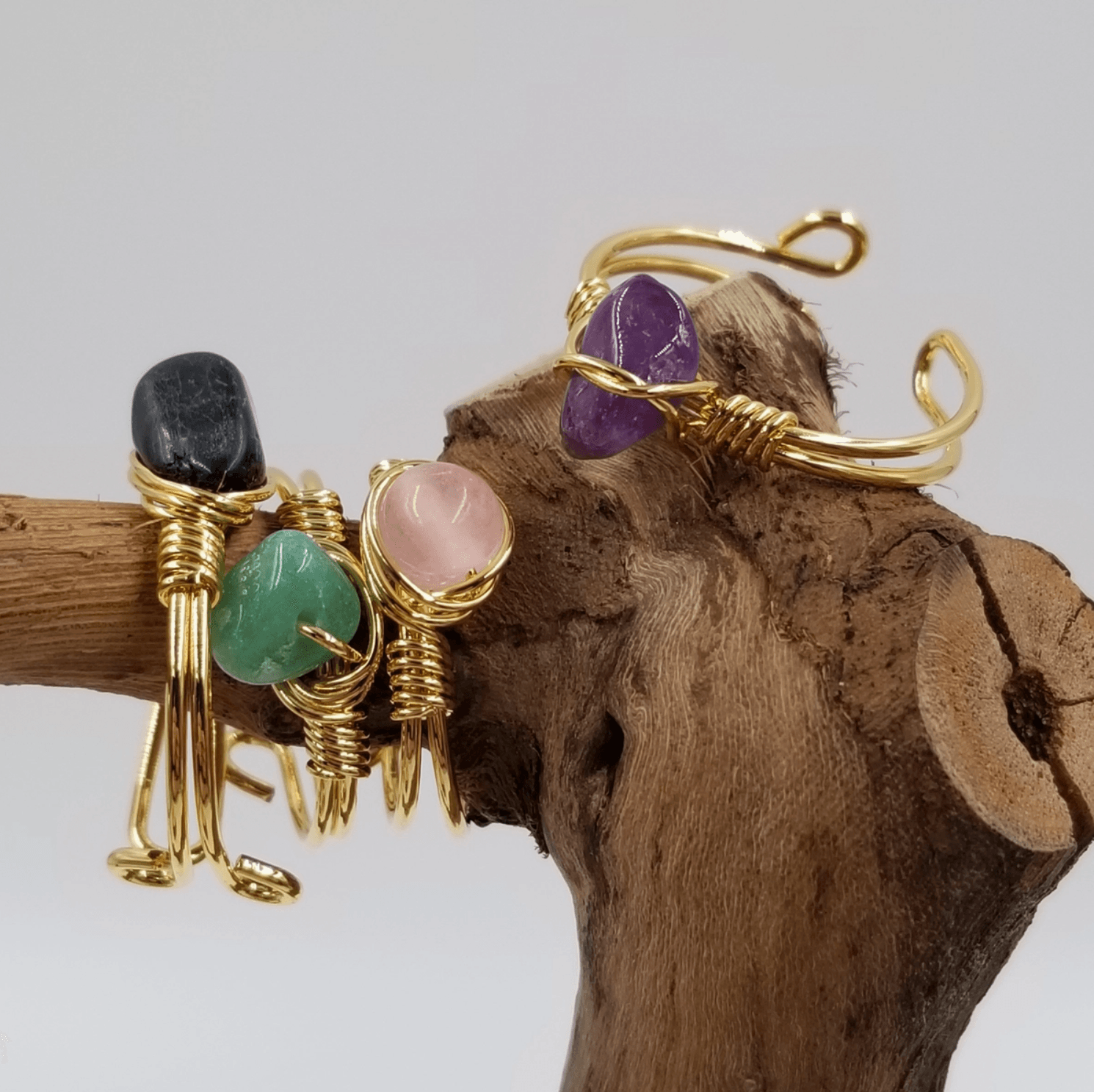 Adjustable Handmade Natural Stone Crystal Open Ring, Gold Plated, Amazonite, Rose Quartz, Obsidian, Amethyst, Elegant Jewelry - The Celestial Boutique