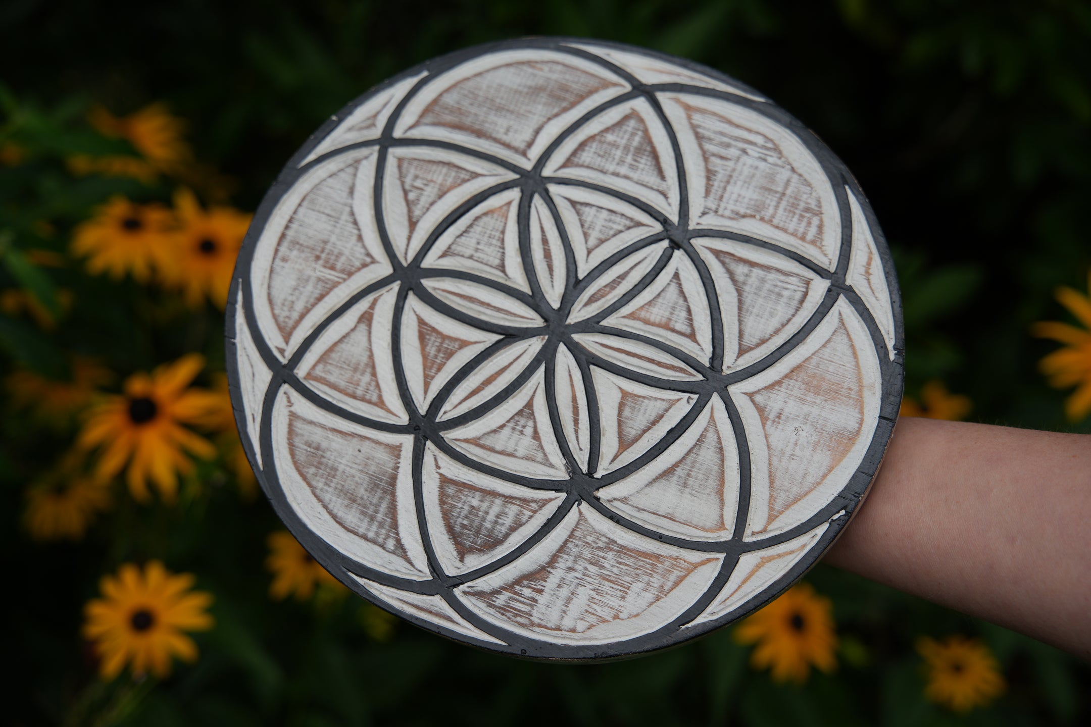 Flower and Seed of Life Wood Crystal Grids - Made in Bali - Etched Wood Design for Energy Healing, Meditation, and Manifestation