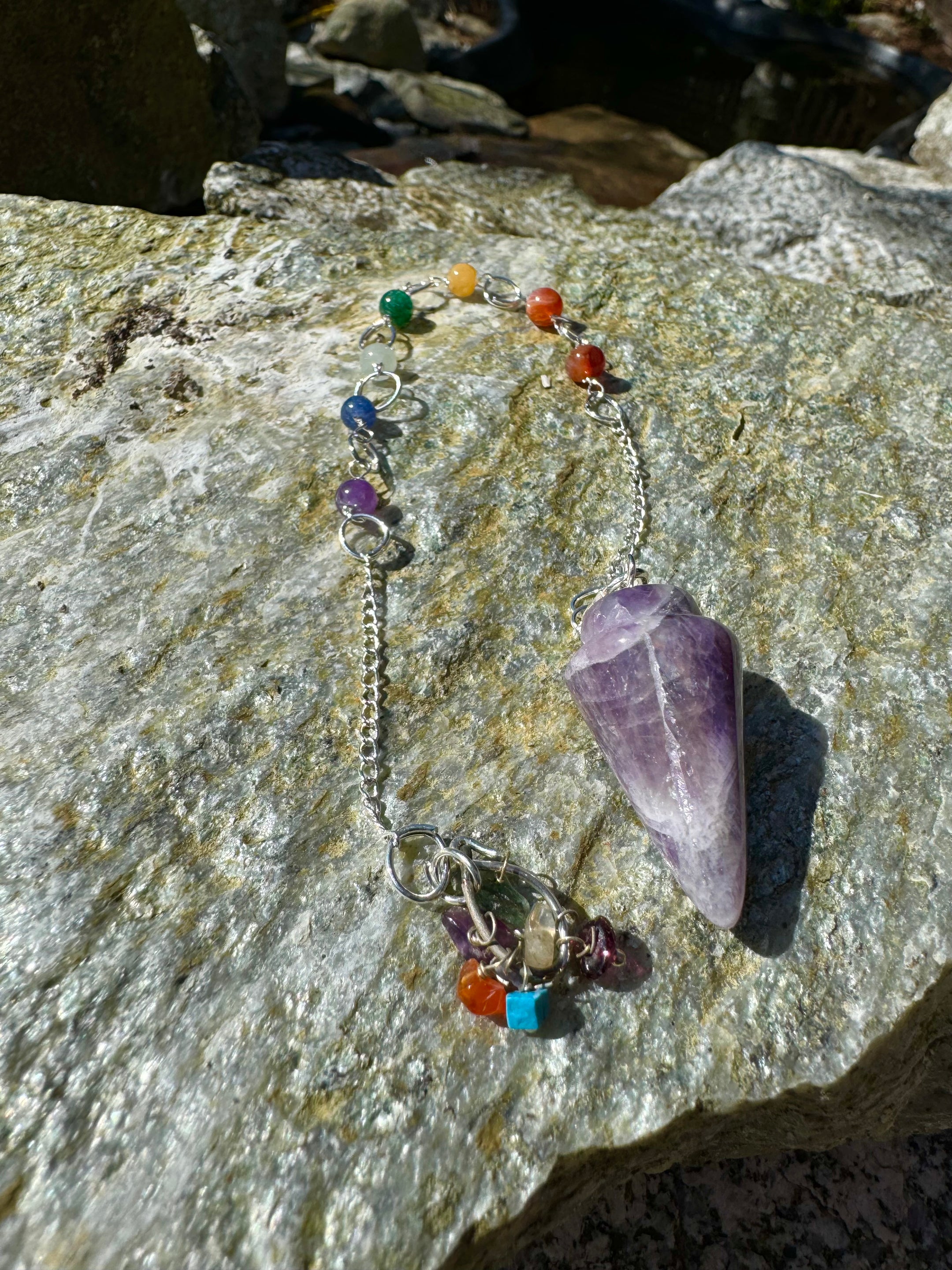 Amethyst Chakra Pendulum with Matching Chakra Stones on Chain for Healing and Divination, Reiki Crystal Pendulum for Energy Balancing - The Celestial Boutique