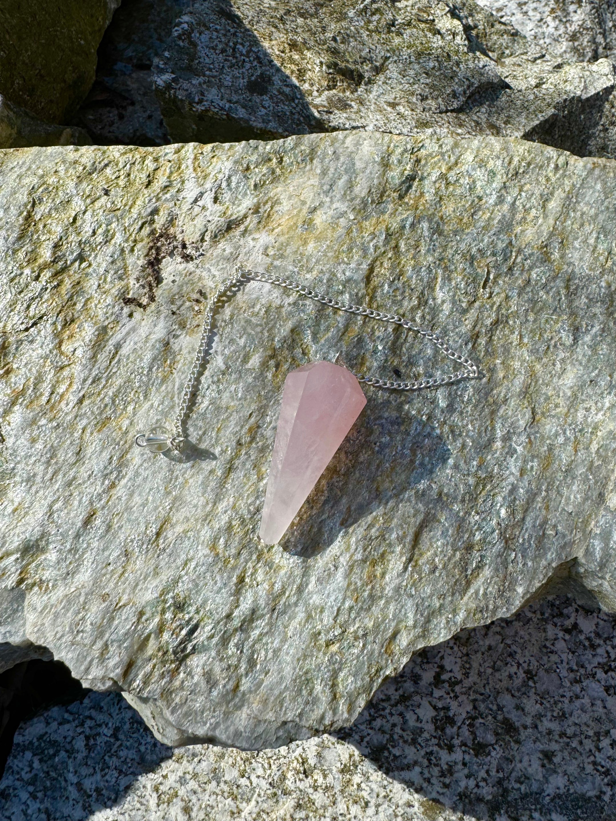 Rose Quartz Hexagonal Pendulum on Chain - Divination Tool, Love Energy, Spiritual Insight - The Celestial Boutique