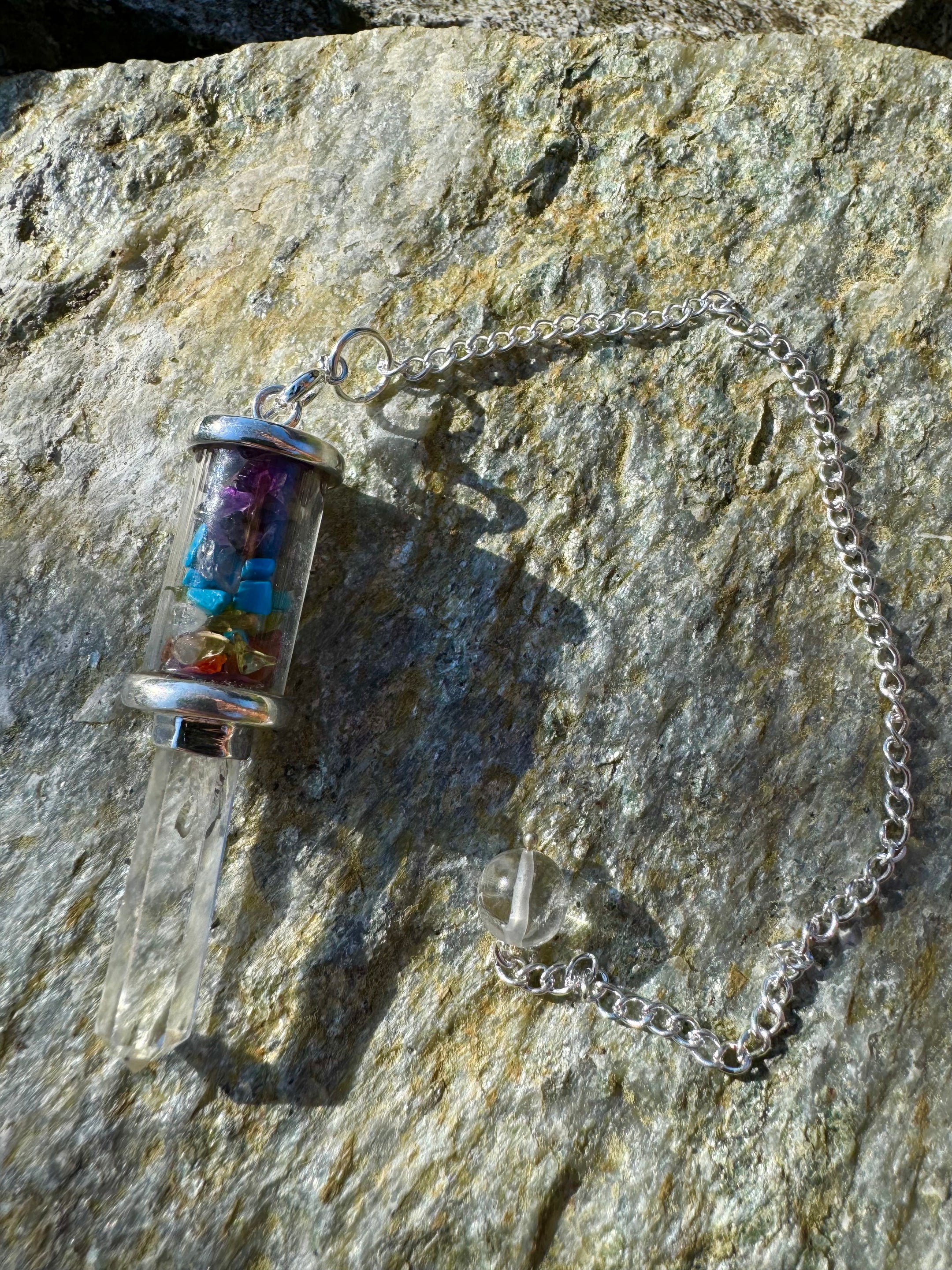 Chakra Pendulum with Stone Chips in Glass Tube - 9" Long Energy Healing Tool for Chakra Balancing and Meditation - The Celestial Boutique