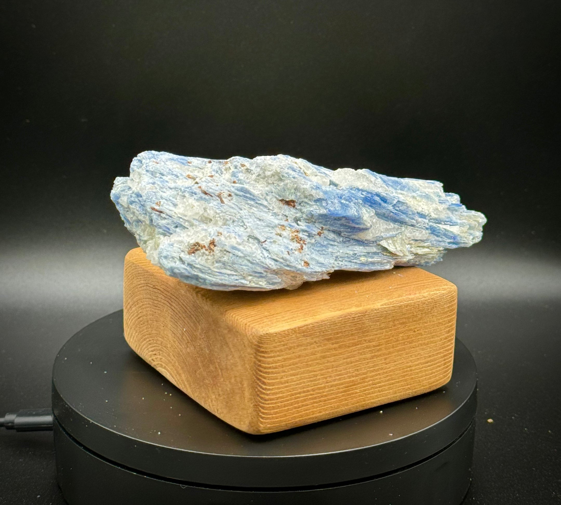 Amazing, unique, 3.5”long, 13 oz, blue kyanite cluster with golden shipping healer quartz specimen from Brazil. Throat chakra