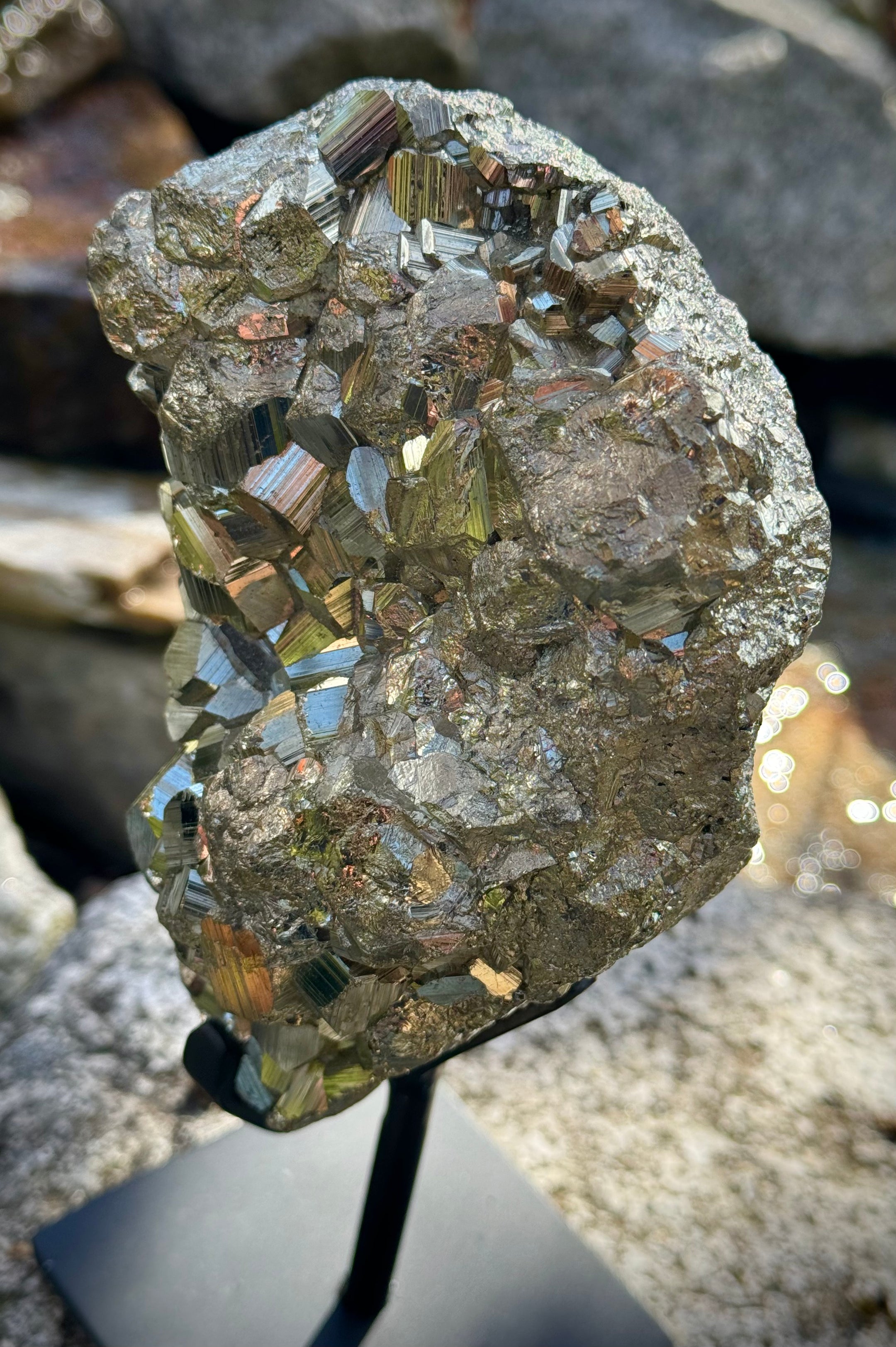 Amazing Brazilian Pyrite Cluster on Stand, 1.5 KG, A+ Super Extra Quality, Unique Collectible Piece - The Celestial Boutique