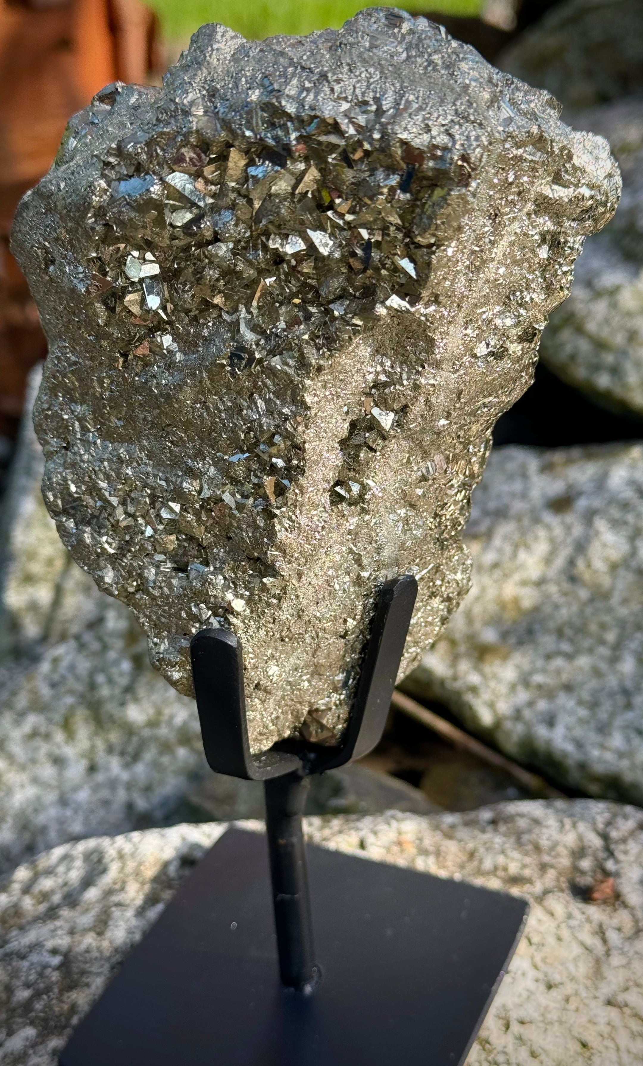 Amazing Brazilian Pyrite Cluster on Stand, 1.5 KG, A+ Super Extra Quality, Unique Collectible Piece - The Celestial Boutique