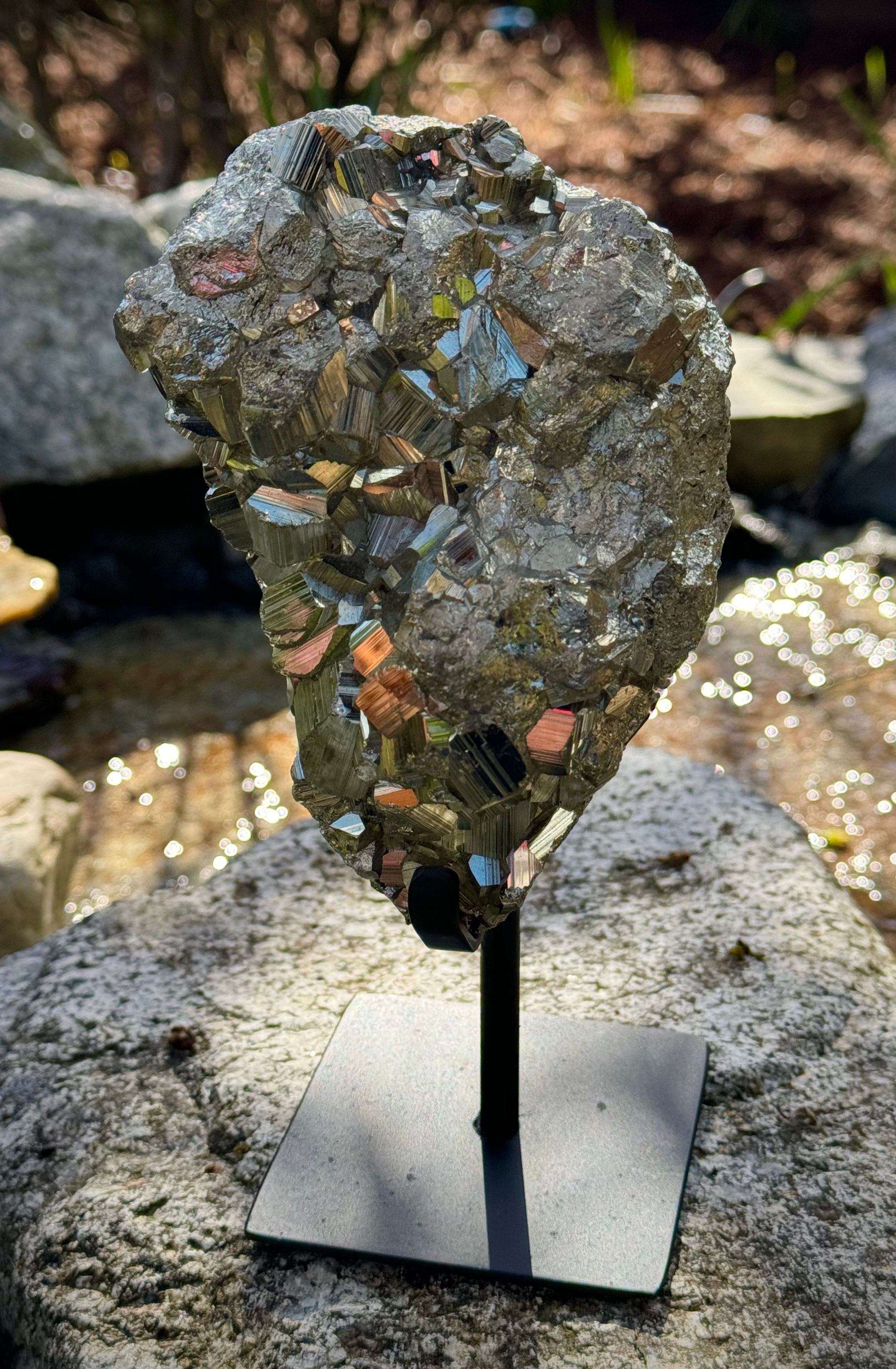 Amazing Brazilian Pyrite Cluster on Stand, 1.5 KG, A+ Super Extra Quality, Unique Collectible Piece - The Celestial Boutique