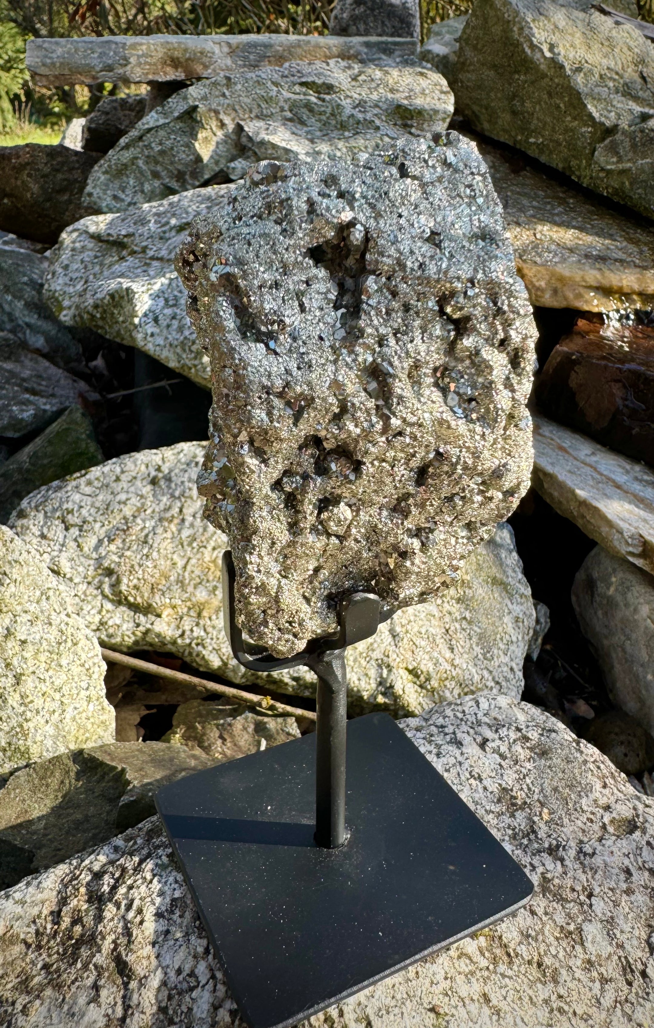 Amazing Brazilian Pyrite Cluster on Stand, 1.15 KG, A+ Super Extra Quality, Unique Collectible Piece - The Celestial Boutique