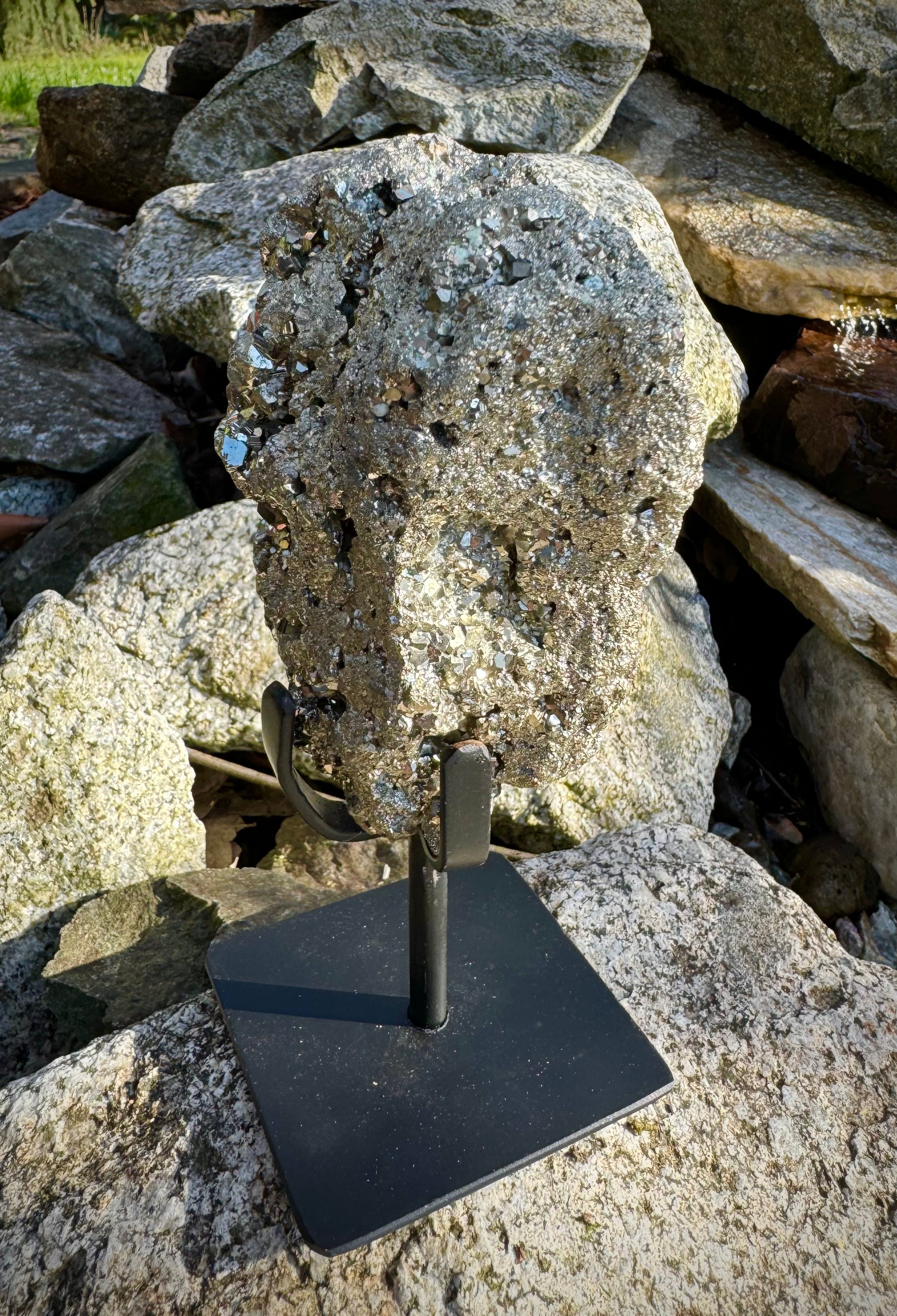 Amazing Brazilian Pyrite Cluster on Stand, 1.15 KG, A+ Super Extra Quality, Unique Collectible Piece - The Celestial Boutique