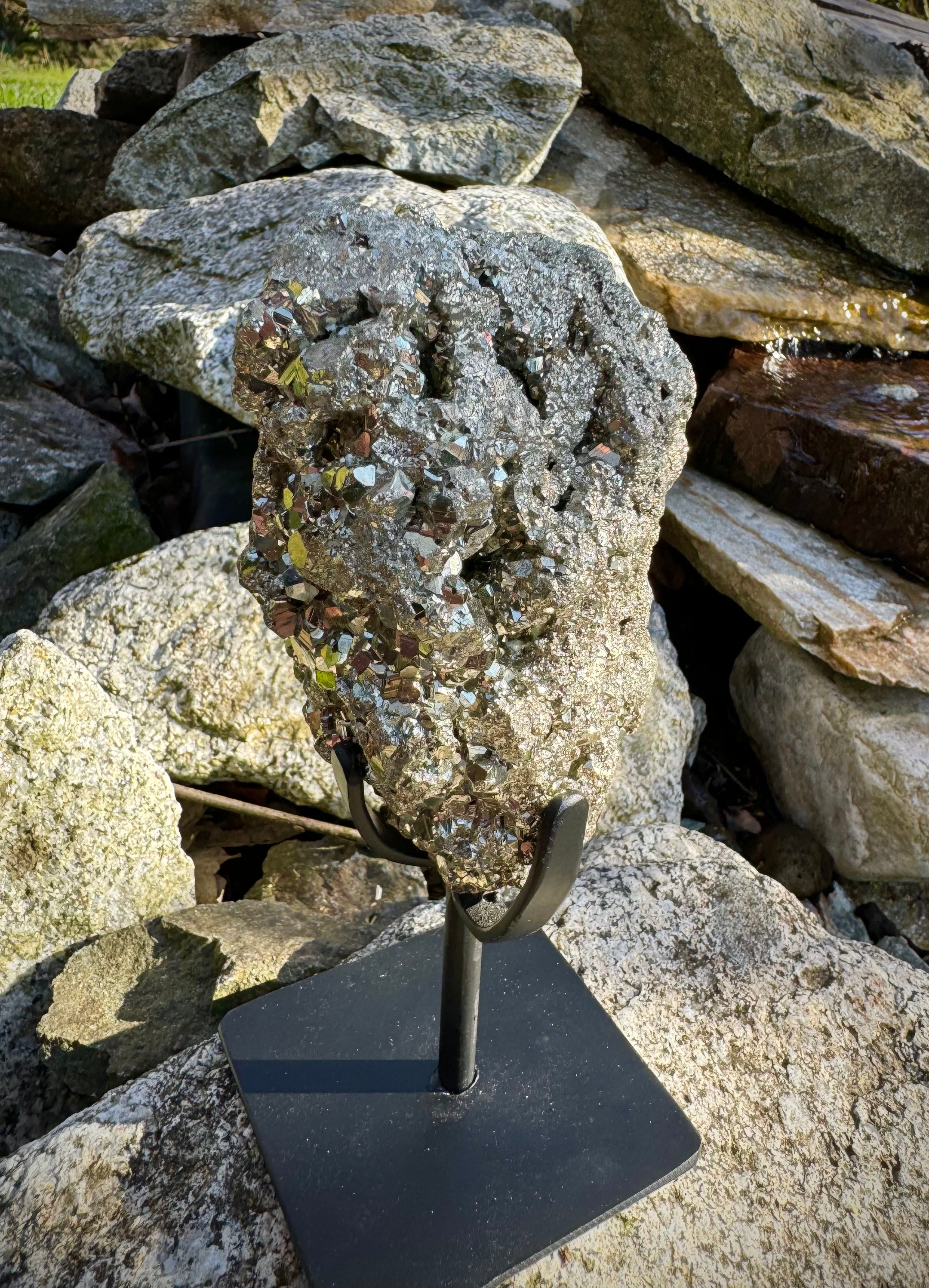 Amazing Brazilian Pyrite Cluster on Stand, 1.15 KG, A+ Super Extra Quality, Unique Collectible Piece - The Celestial Boutique