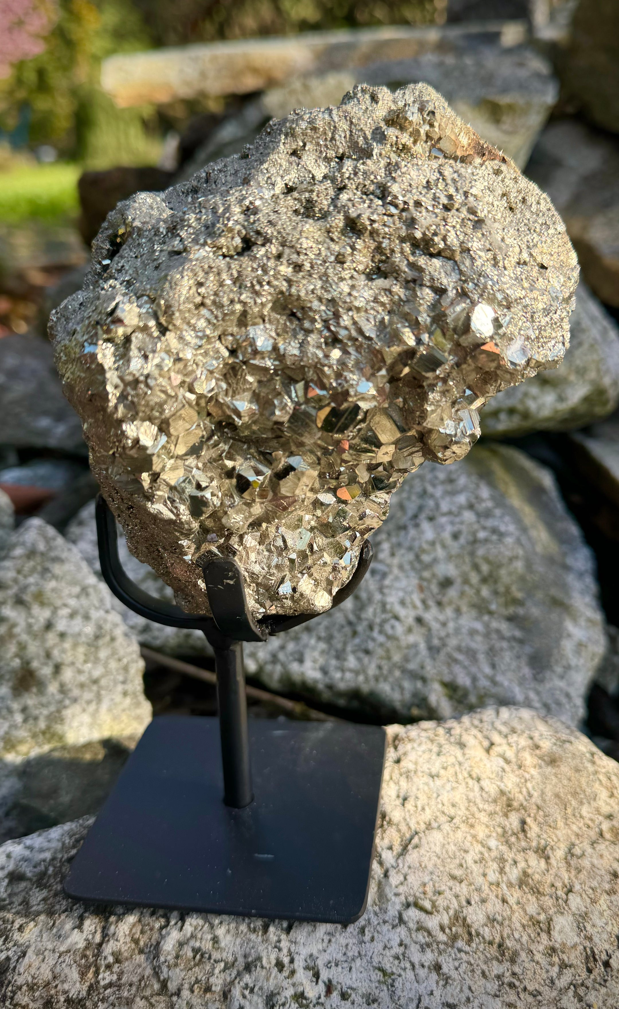 Amazing Brazilian Pyrite Cluster on Stand, 1.6 KG, A+ Super Extra Quality, Unique Collectible Piece - The Celestial Boutique