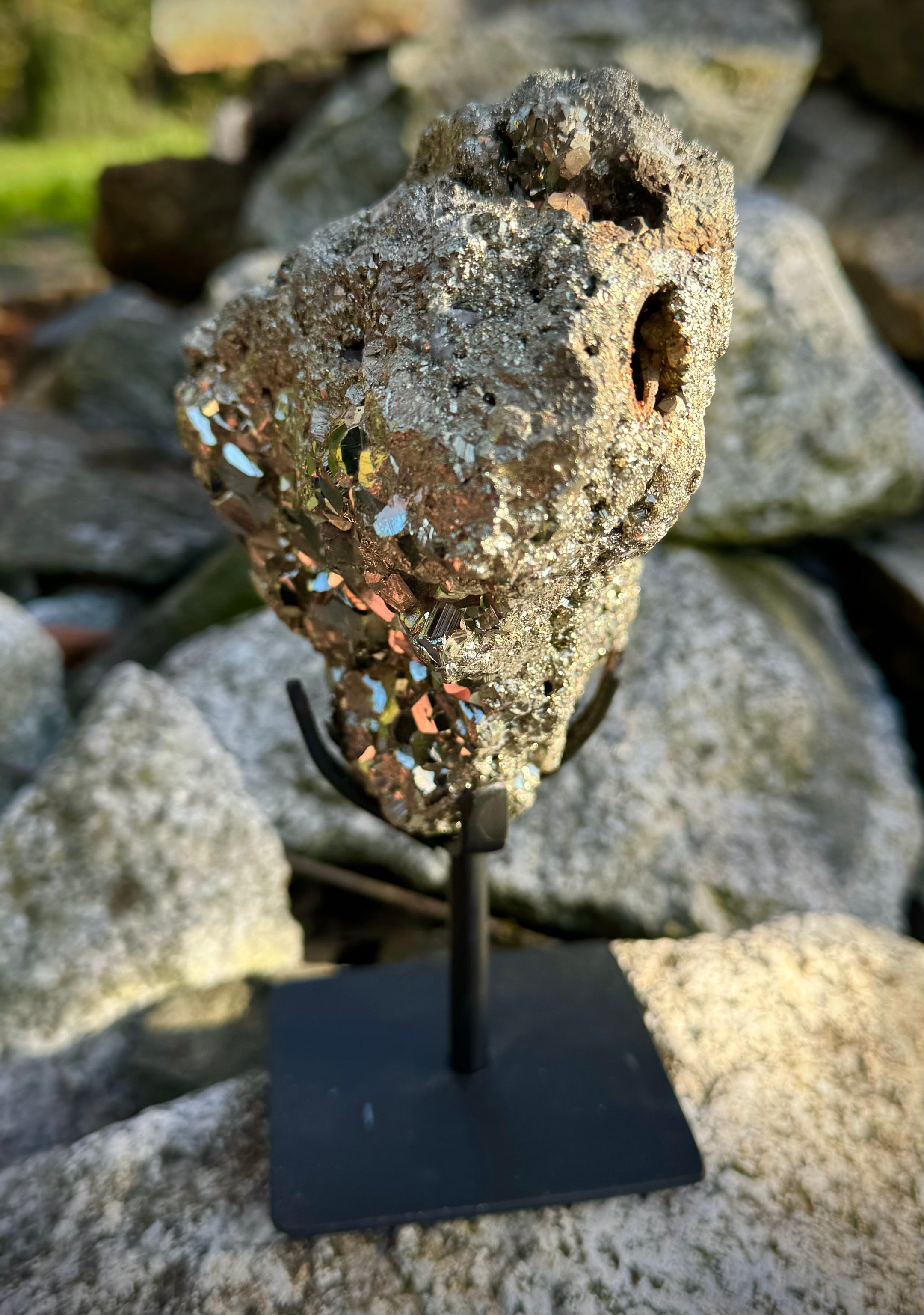 Amazing Brazilian Pyrite Cluster on Stand, 1.6 KG, A+ Super Extra Quality, Unique Collectible Piece - The Celestial Boutique