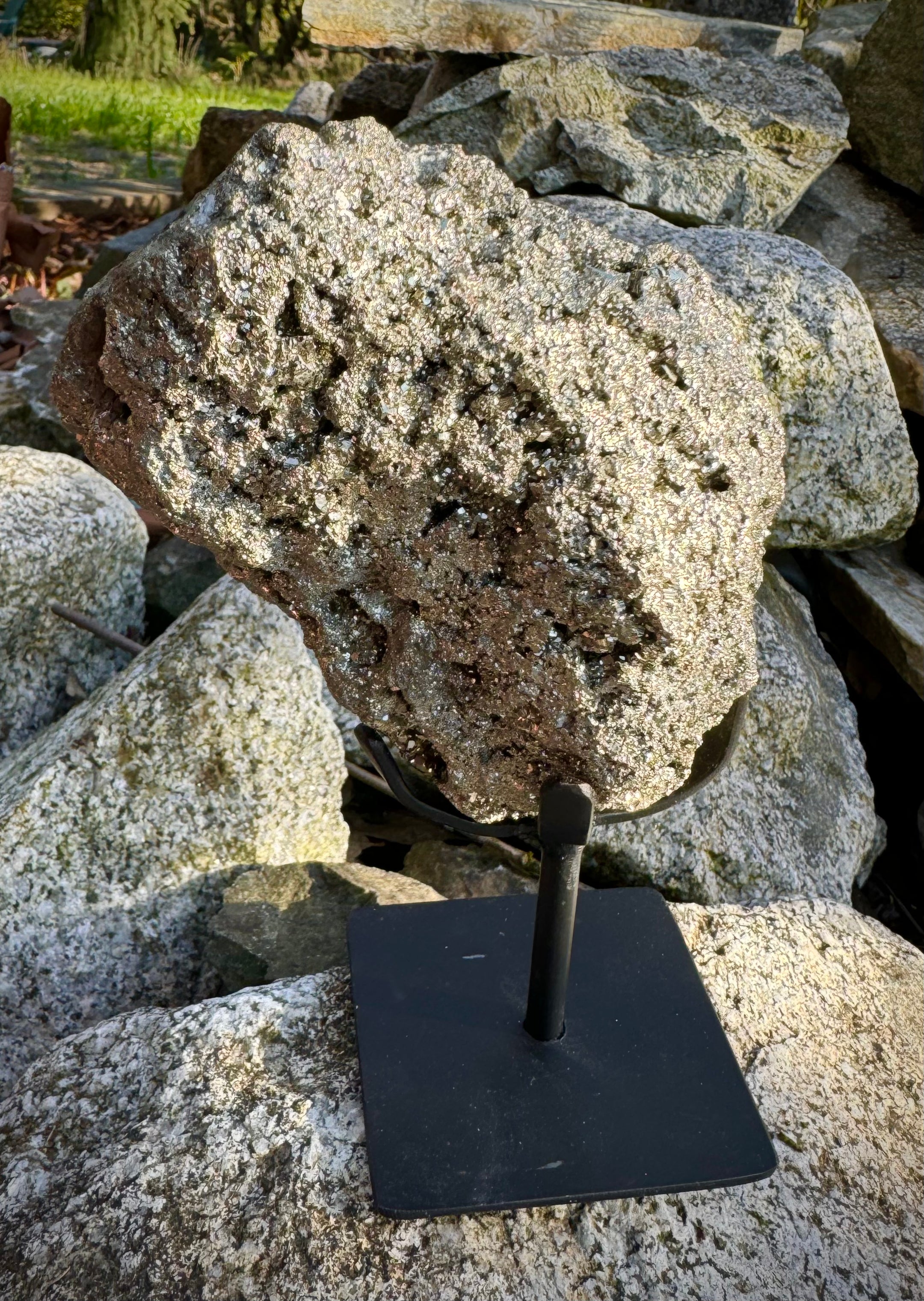 Amazing Brazilian Pyrite Cluster on Stand, 1.6 KG, A+ Super Extra Quality, Unique Collectible Piece - The Celestial Boutique