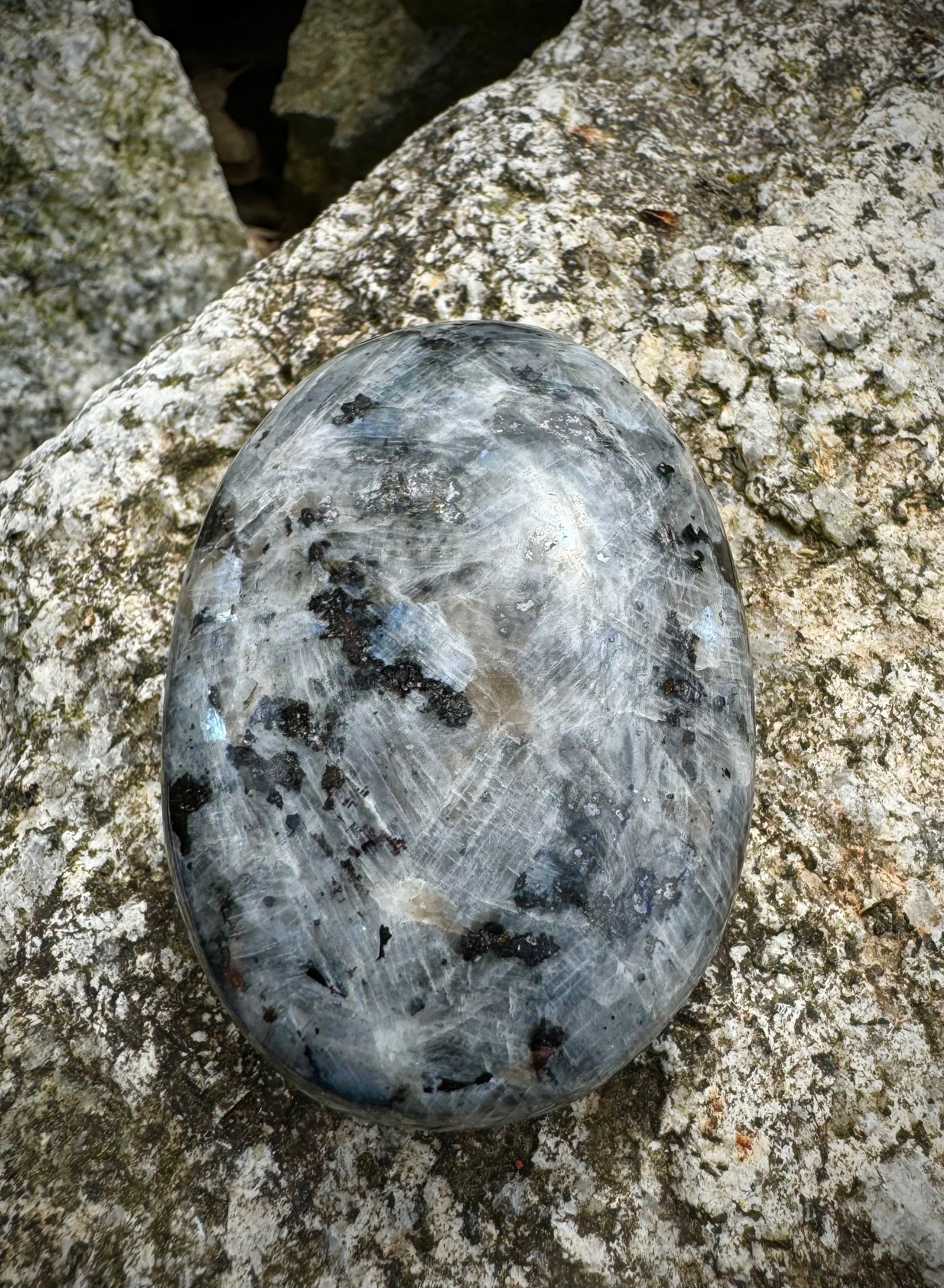 Flashy Natural Larvikite Palm Stones from Pakistan, Beautiful and Authentic A+ Quality - The Celestial Boutique