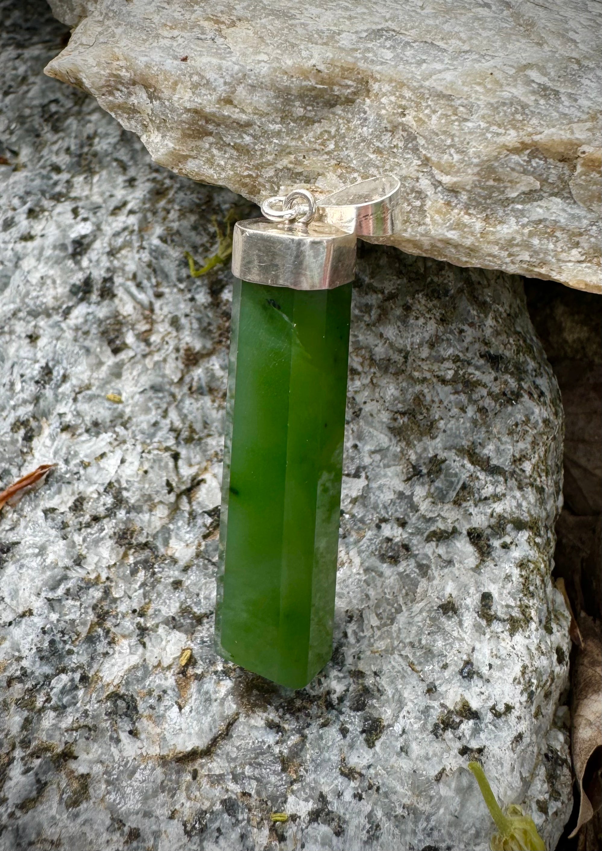 Polished Nephrite Jade Point Pendant Sterling Silver .925, Beautiful! - The Celestial Boutique