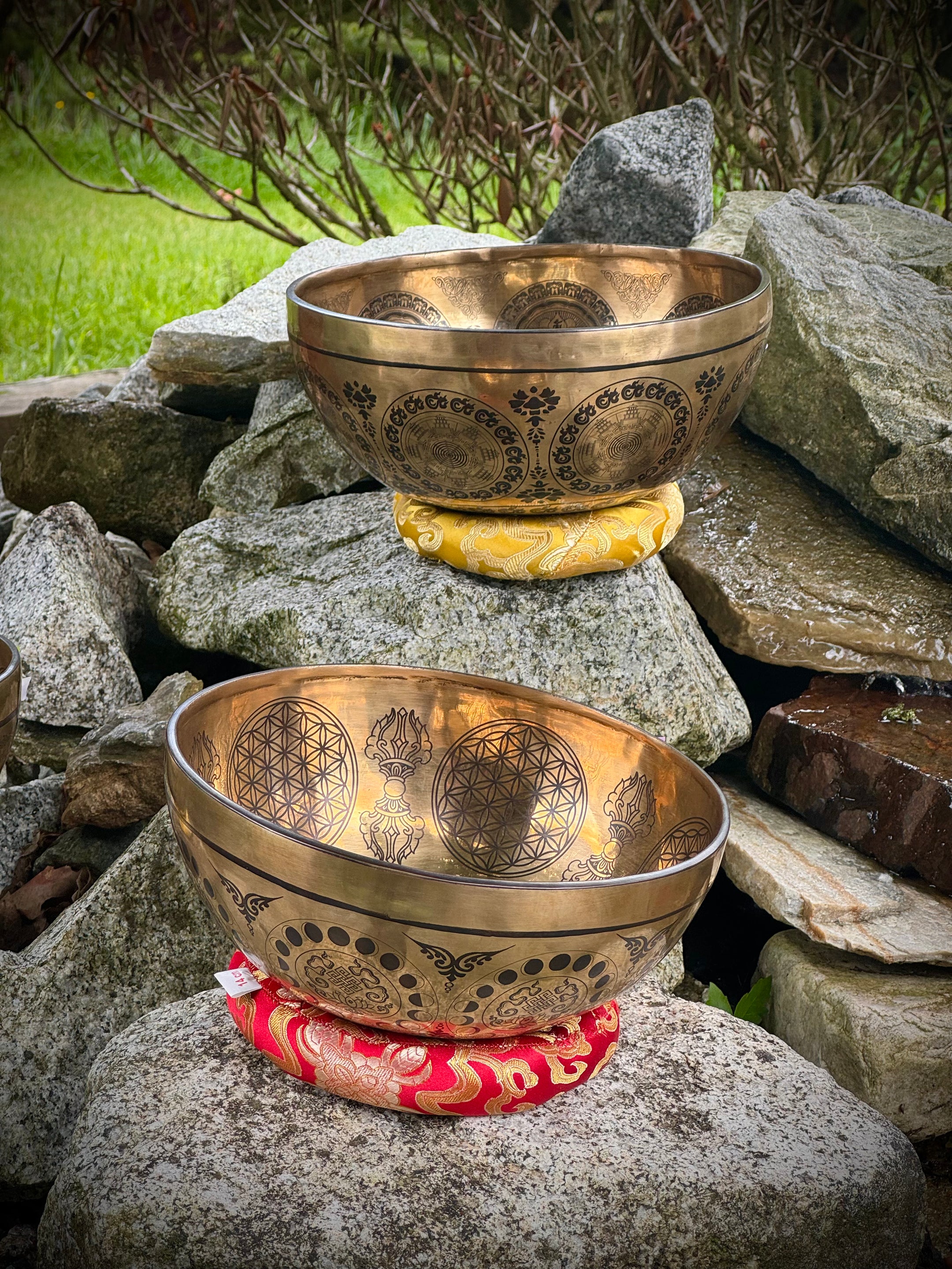 Beautiful Special Carving Tibetan Singing bowls 8-9.5 Inches, 3 designs, Handmade from Nepal - The Celestial Boutique