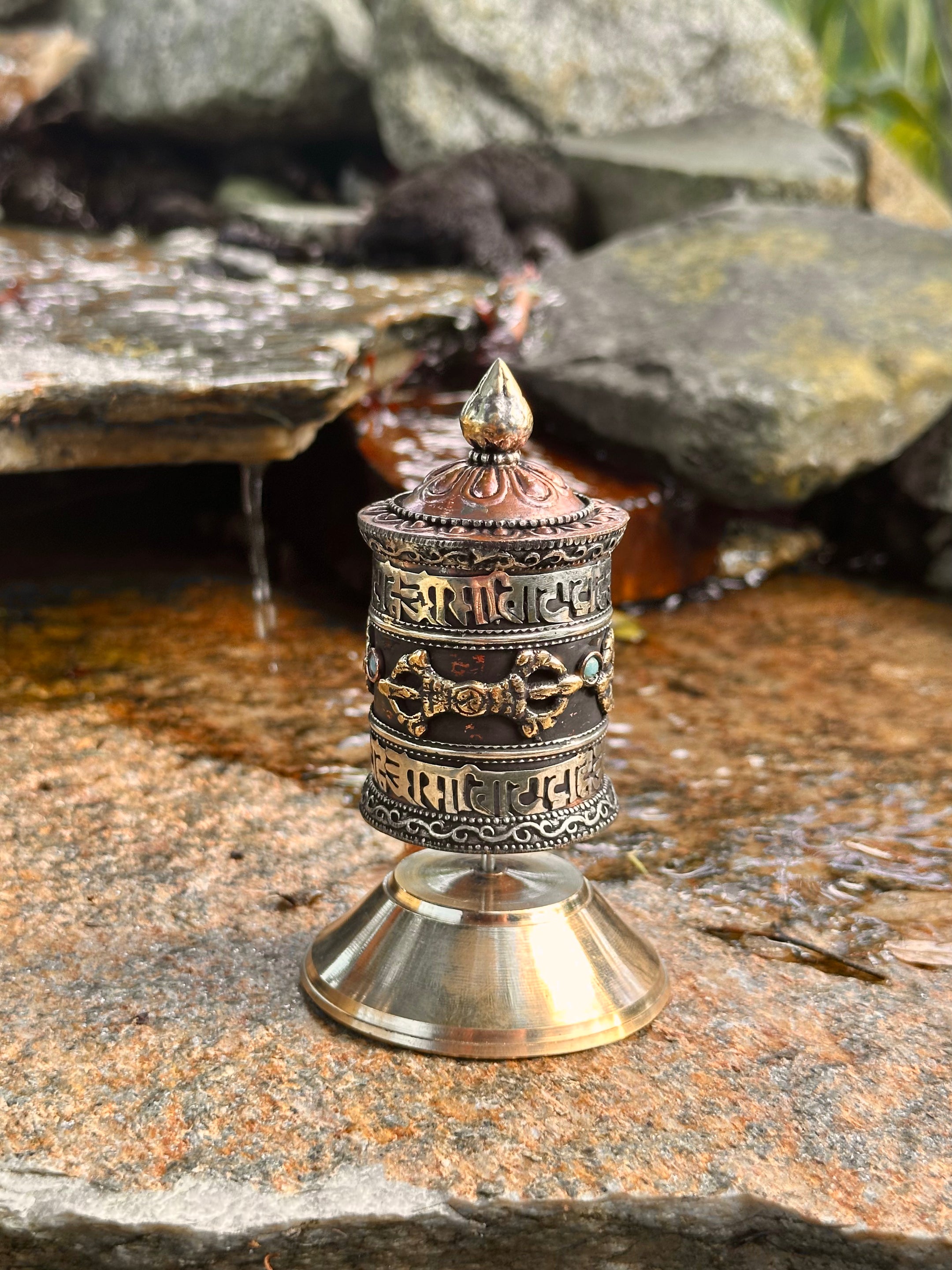 Tibetan Handmade Prayer Wheel, Copper, Beautiful Artisan Craftmanship, Imported from Nepal, 8 Lucky Symbols - The Celestial Boutique