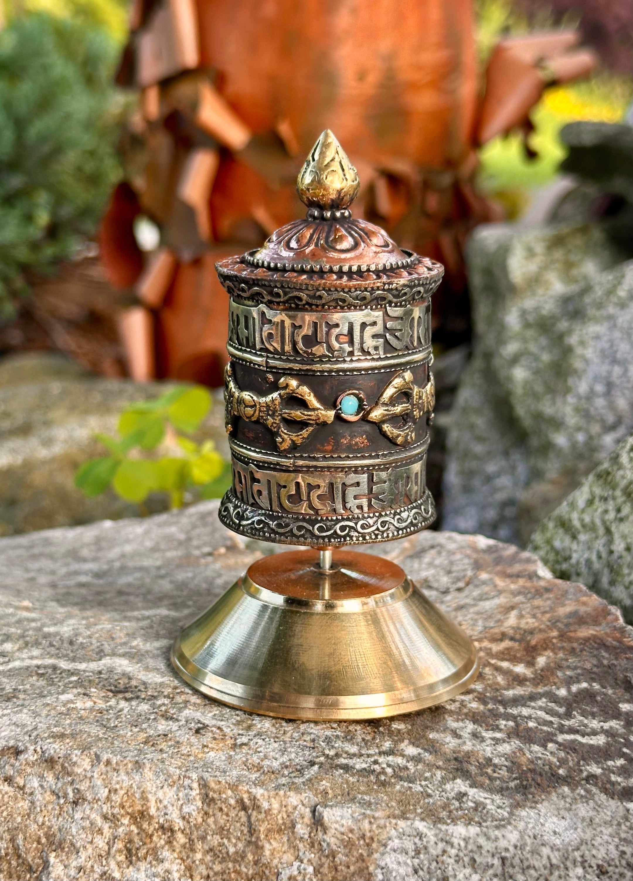 Tibetan Handmade Prayer Wheel, Copper, Beautiful Artisan Craftmanship, Imported from Nepal, 8 Lucky Symbols - The Celestial Boutique