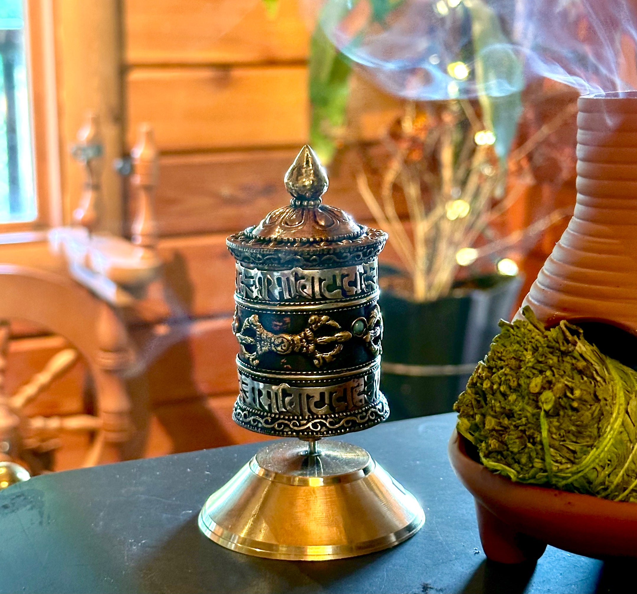 Tibetan Handmade Prayer Wheel, Copper, Beautiful Artisan Craftmanship, Imported from Nepal, 8 Lucky Symbols - The Celestial Boutique