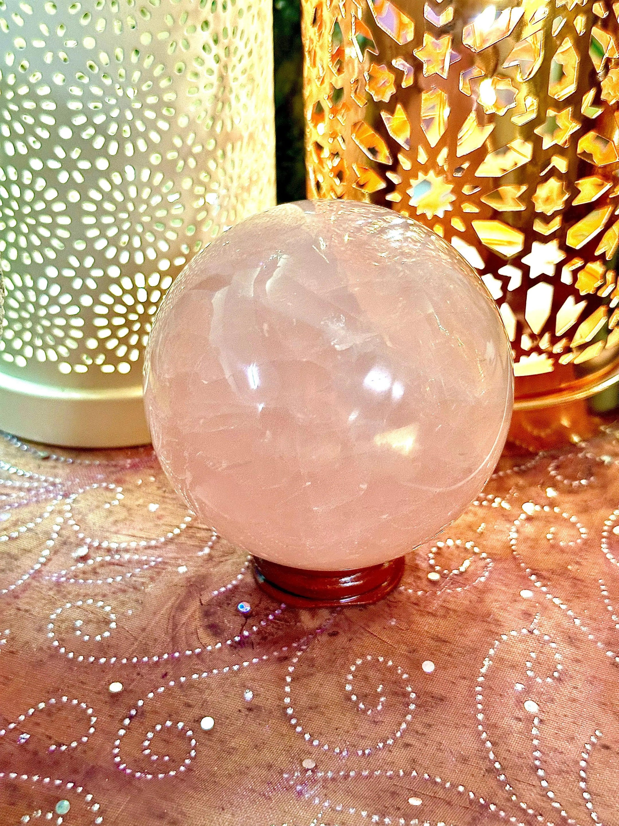 Beautiful and Authentic Large Rose Quartz Sphere from Brazil with Stand 76mm, A++ Quality - The Celestial Boutique