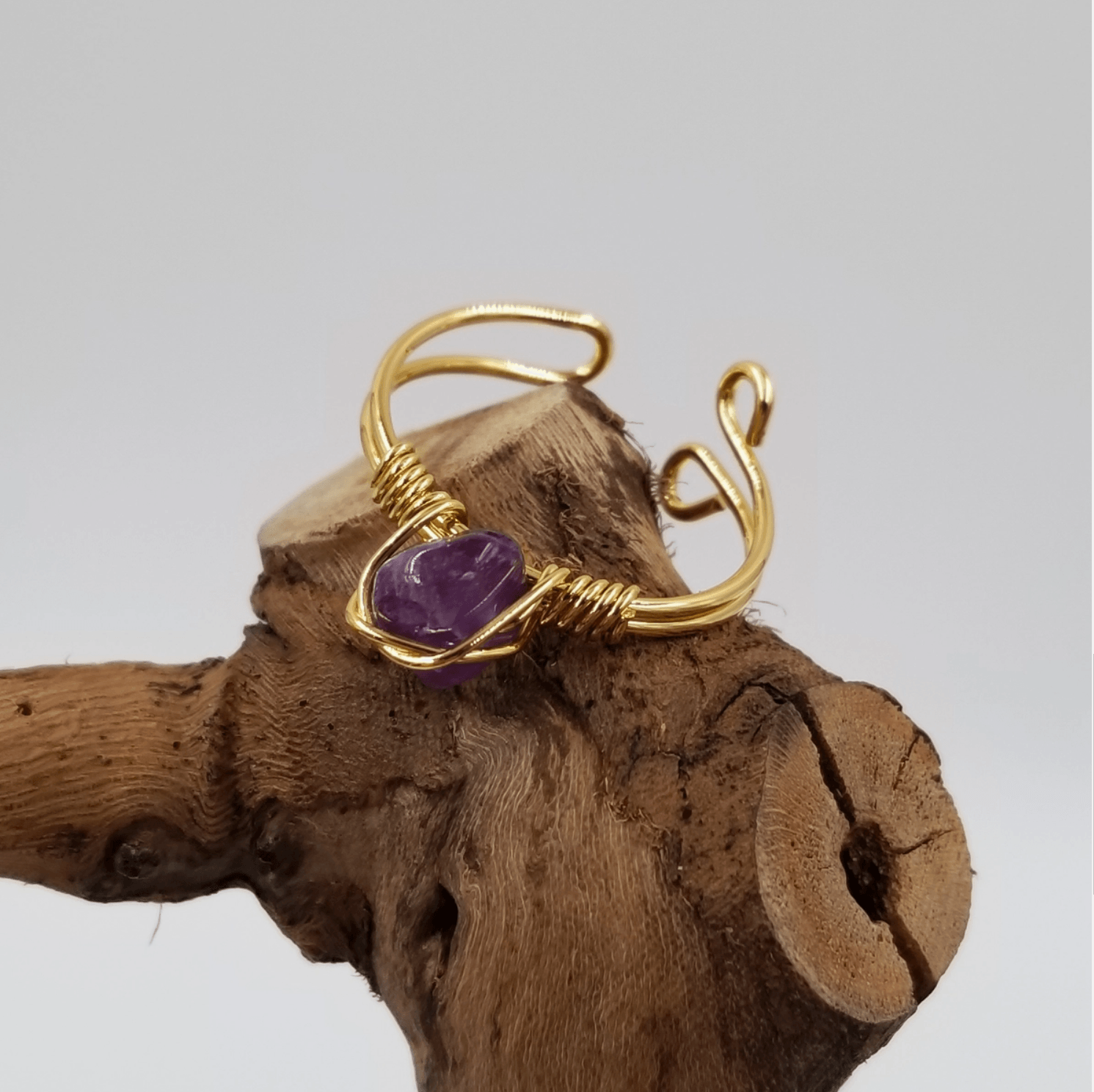 Adjustable Handmade Natural Stone Crystal Open Ring, Gold Plated, Amazonite, Rose Quartz, Obsidian, Amethyst, Elegant Jewelry - The Celestial Boutique