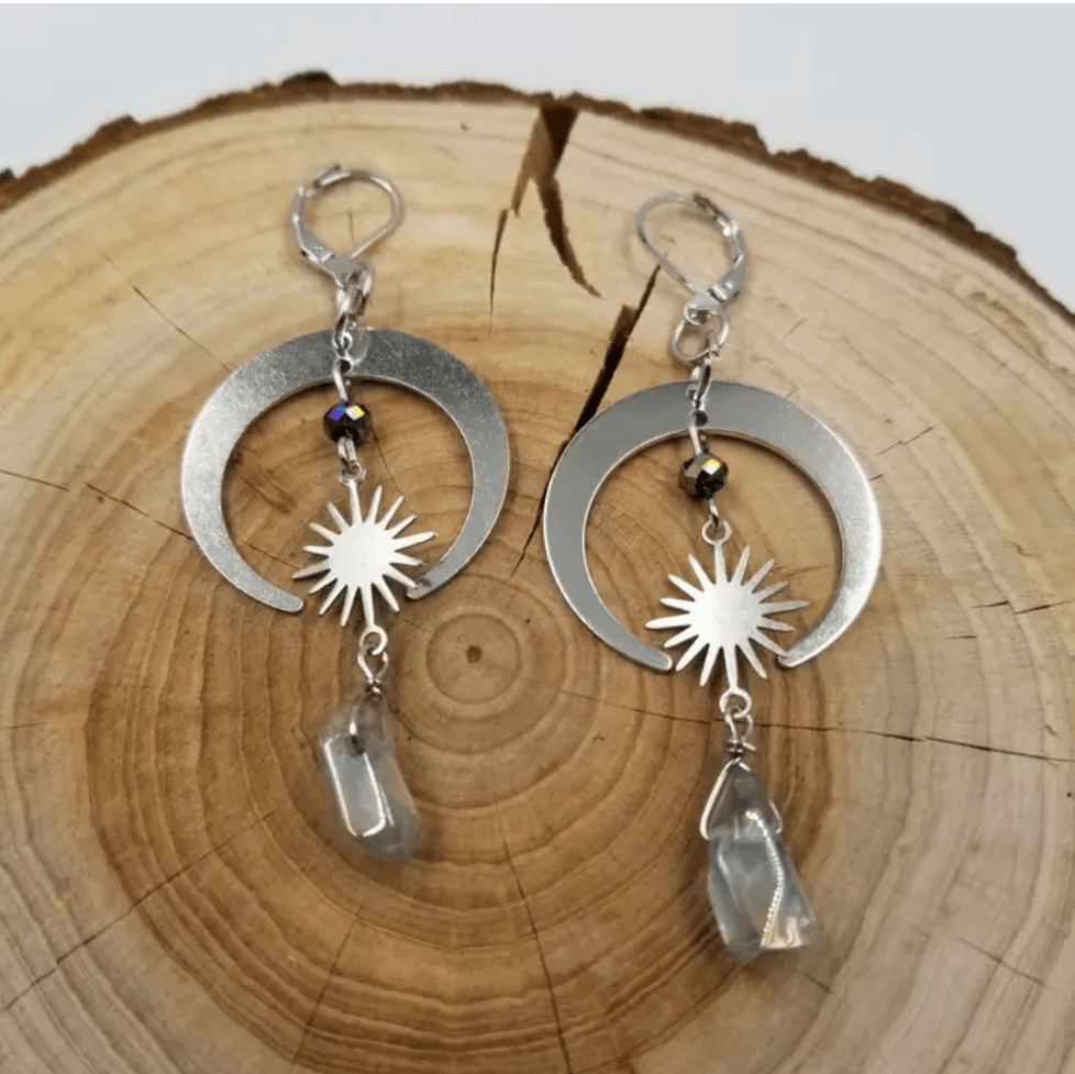 Beautiful Silver Plated Crystal Moon Earrings with Aura Quartz, Stunning Gemstone Jewelry, Healing Crystals, Unique Gift, Elegant Design