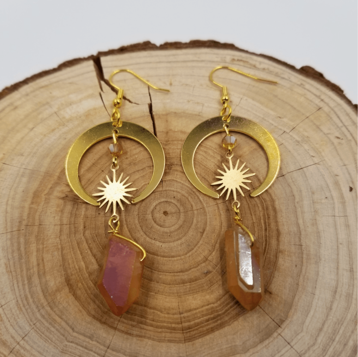 Sunshine & Moonlight Crystal Earrings with Quartz Points, Gold Plated, Beautiful Gemstone Jewelry, Unique Gift, Healing Crystals - The Celestial Boutique