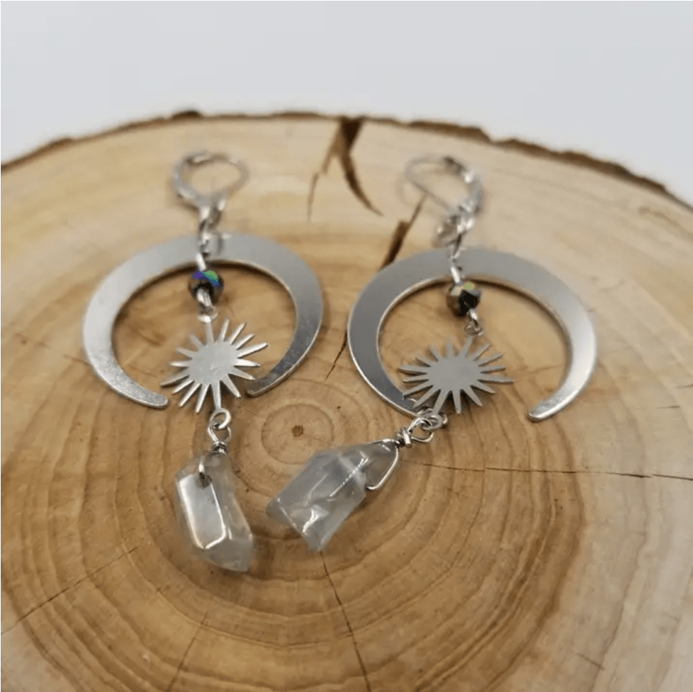 Beautiful Silver Plated Crystal Moon Earrings with Aura Quartz, Stunning Gemstone Jewelry, Healing Crystals, Unique Gift, Elegant Design