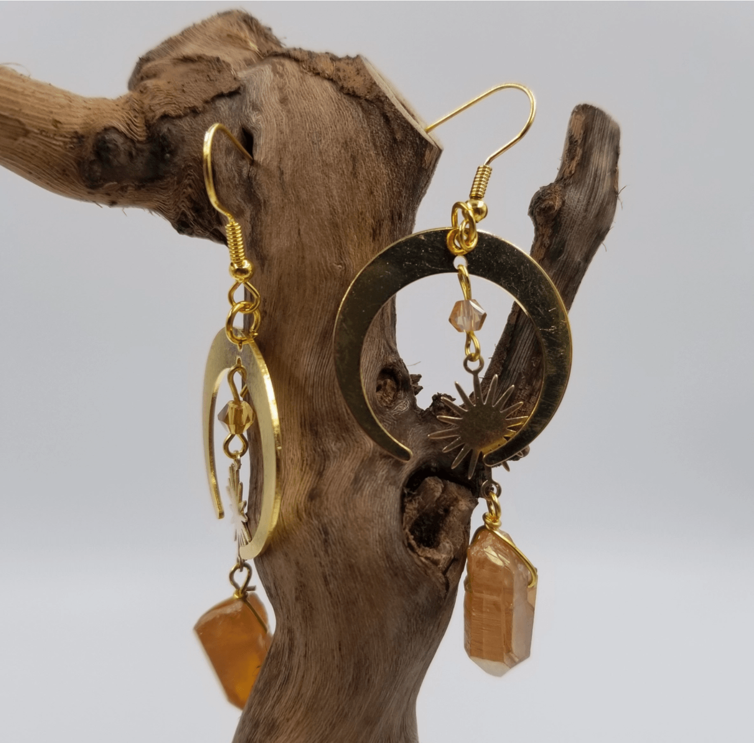 Boucles d’oreilles en cristal Sunshine & Moonlight avec points de quartz, plaqué or, beaux bijoux en pierres précieuses, cadeau unique, cristaux de guérison